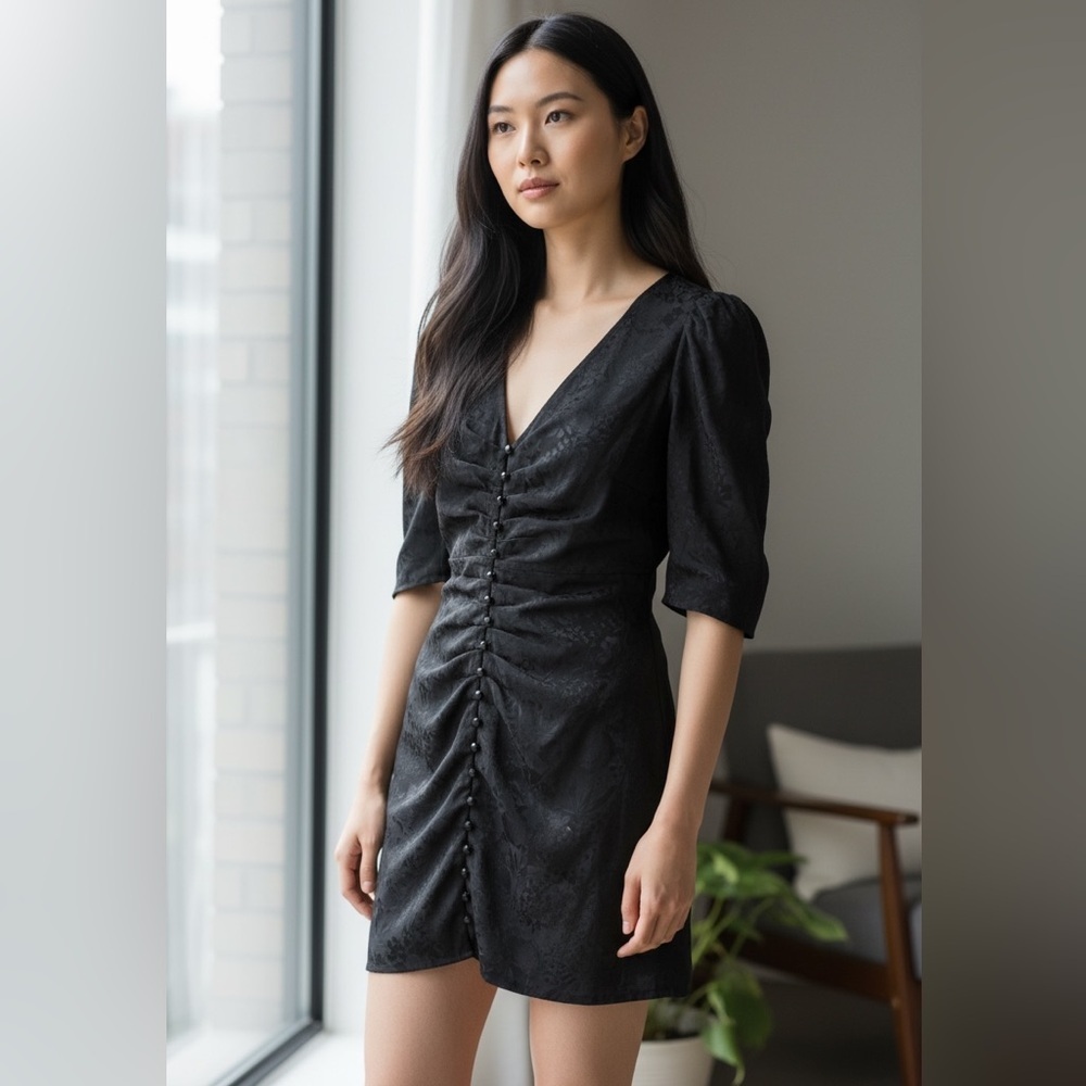 Le Fou by Babaton Silk Dress Black Floral Jacquard Faceted Button Size8 Pristine